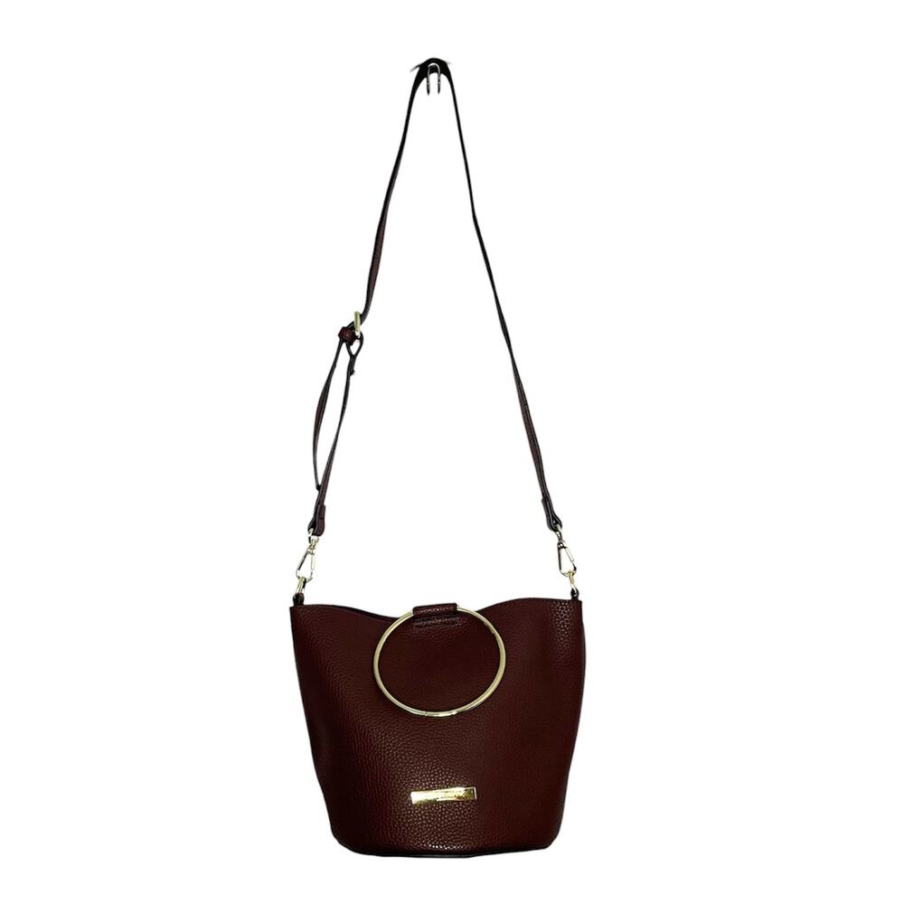 Katie Loxton London Burgundy Pebbled Bucket Crossbody Shoulder Bag Gold Ring